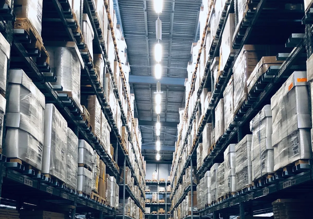Allée d’entrepôt de distribution chargée de cartons